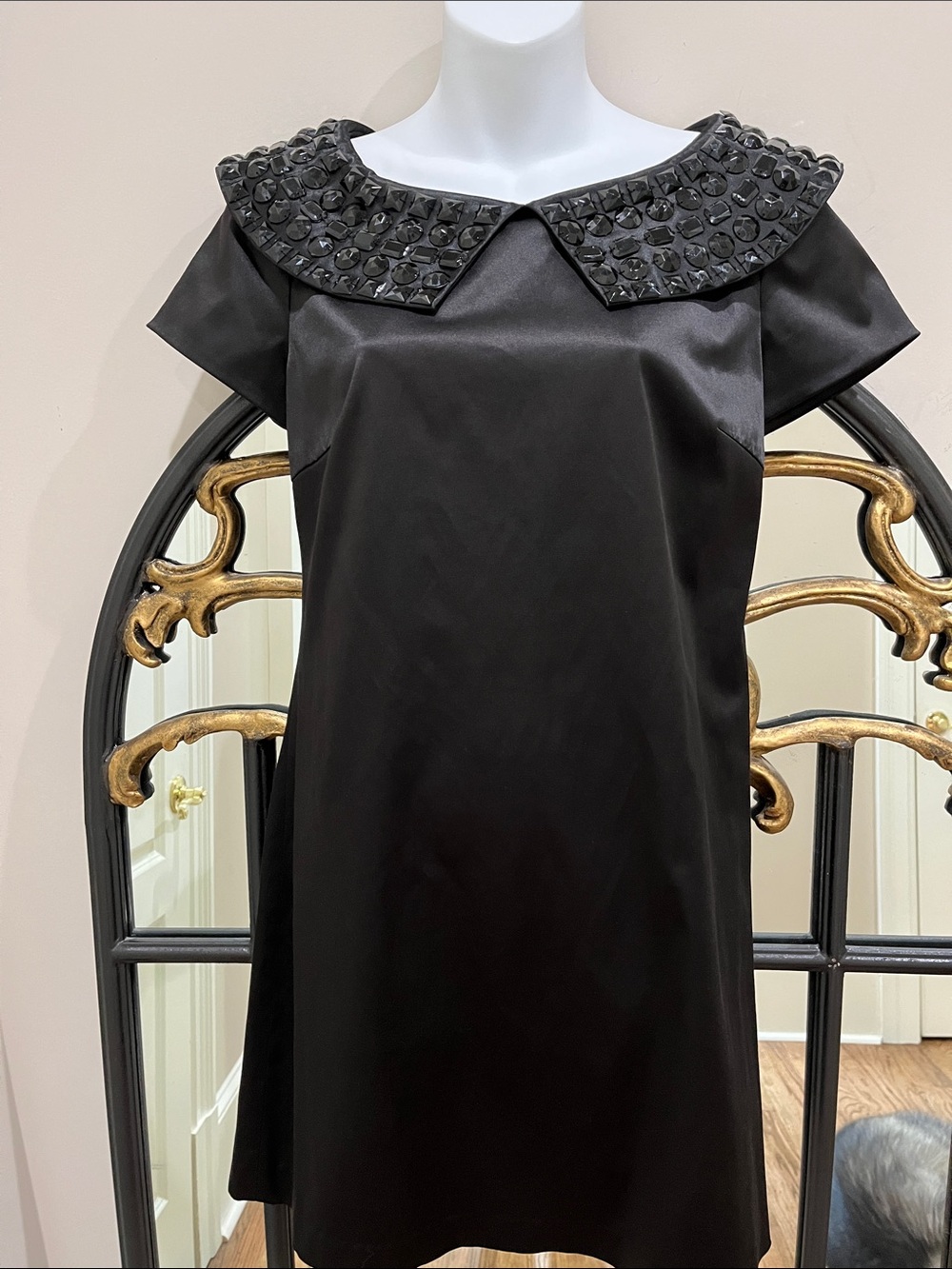 Oasis Black Satin Jewel-Collar Shift Dress